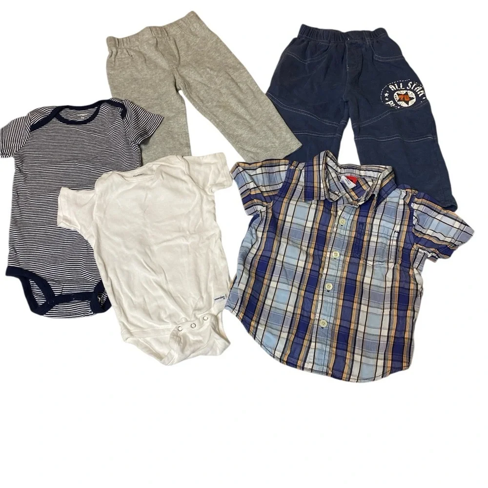Infant boys set including 2 onsies 2 sweat pants 1 button down plaid shirt 18 mo